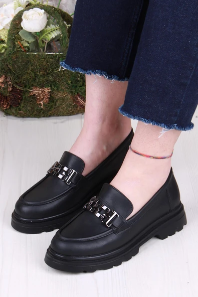 Fort 35801 Siyah Cilt Toka Detaylı Rahat Loafer Kadın Ayakkabı - Resim 3