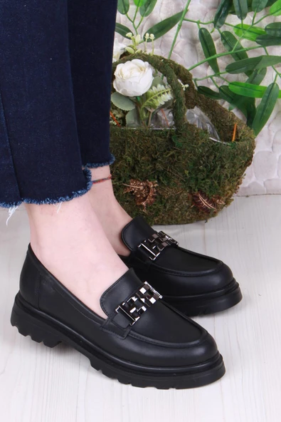 Fort 35801 Siyah Cilt Toka Detaylı Rahat Loafer Kadın Ayakkabı - Resim 4