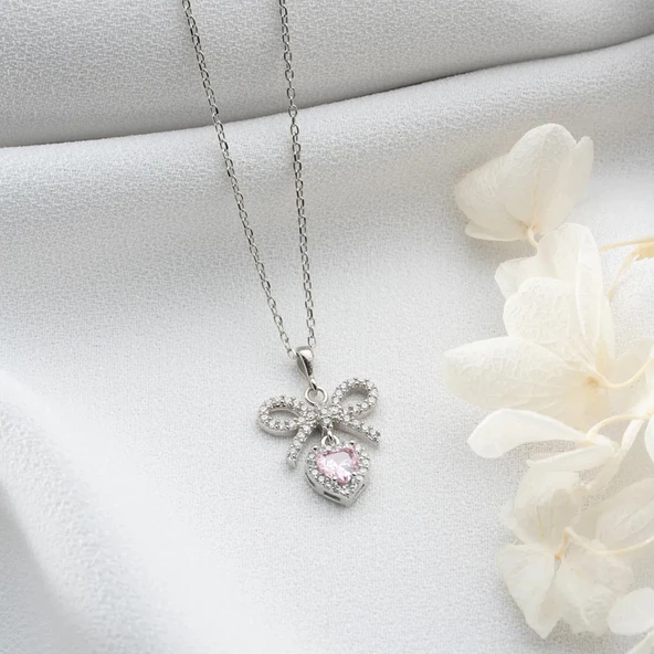 Vaoov 925 Ayar Gümüş Pembe Kalp Taşlı Kurdele Kolye - Resim 2