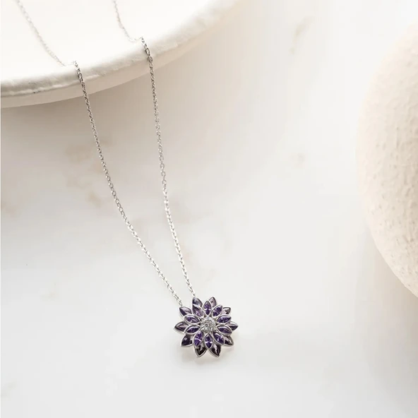 Vaoov 925 Ayar Gümüş Mor Taşlı Lotus Çiçeği Kolye - Resim 3