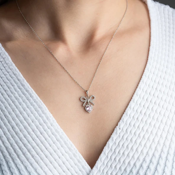 Vaoov 925 Ayar Gümüş Pembe Kalp Taşlı Kurdele Kolye ürün görseli