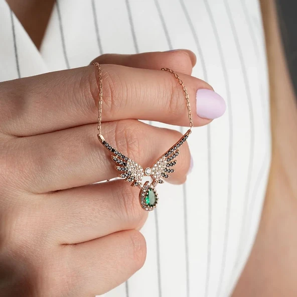 Vaoov 925 Ayar Gümüş Yeşil Damla Taşlı Melek Kanadı Kolye - Resim 2