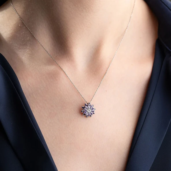 Vaoov 925 Ayar Gümüş Mor Taşlı Lotus Çiçeği Kolye - Resim 4