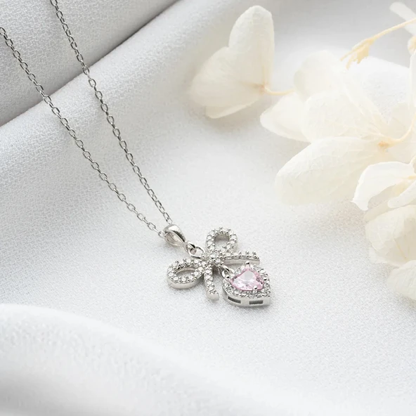 Vaoov 925 Ayar Gümüş Pembe Kalp Taşlı Kurdele Kolye - Resim 4