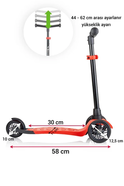 Wellgro Turbo 3 Tekerli Yükseklik Ayarlı Scooter, Kırmızı - 2