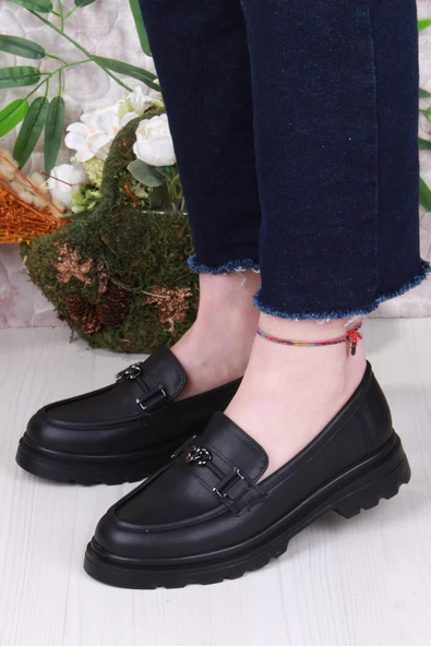 Fort 35824 Siyah Cilt Toka Detaylı Rahat Loafer Kadın Ayakkabı - Resim 4