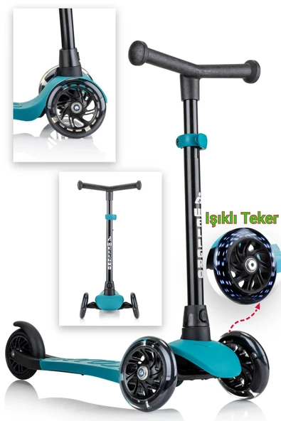 Wellgro Işıklı 3 Tekerli Yükseklik Ayarlı Scooter, Yeşil