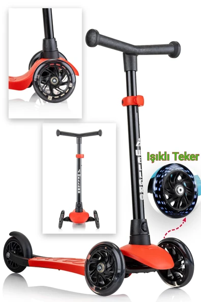 Wellgro Işıklı 3 Tekerli Yükseklik Ayarlı Scooter, Kırmızı - 1