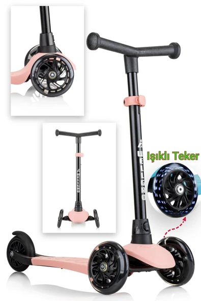 Wellgro Işıklı 3 Tekerli Yükseklik Ayarlı Scooter, Pembe