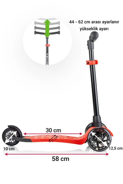 Wellgro Işıklı 3 Tekerli Yükseklik Ayarlı Scooter, Kırmızı - 2