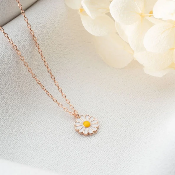 Vaoov 925 Ayar Gümüş Mineli Beyaz Papatya Kolye - Resim 2