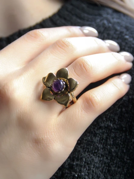 Doğal Taş Ametist Doğal Taşlı Otantik Çiçek Model Kadın Ayarlanabilir Yüzük euy18at - Resim 2