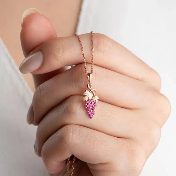 Vaoov 925 Ayar Gümüş Pembe Taşlı Üzüm Hediye Kolye ürün görseli