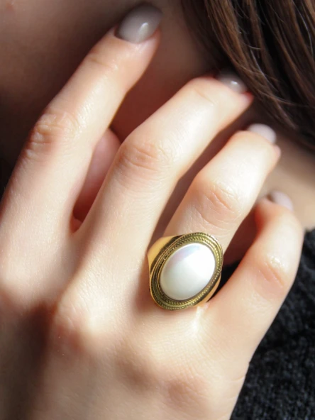 Doğal Taş Sedef Oval Doğal Taşlı Ayarlanabilir Kadın Yüzük euy1sf ürün görseli