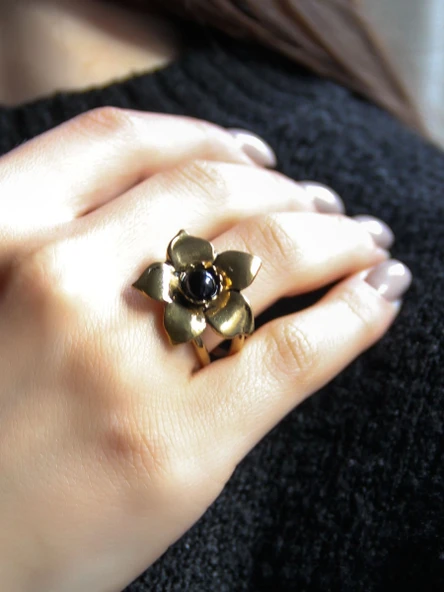 Doğal Taş Oniks Doğal Taşlı Otantik Çiçek Model Kadın Ayarlanabilir Yüzük euy18o - Resim 2