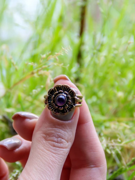 Doğal Taş Ametist Minimal Doğal Taşlı Otantik Çiçek Model Kadın Ayarlanabilir Yüzük euy19at - Resim 3