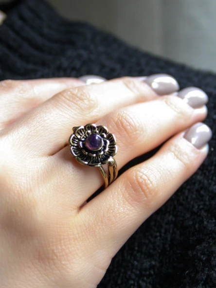 Doğal Taş Ametist Minimal Doğal Taşlı Otantik Çiçek Model Kadın Ayarlanabilir Yüzük euy19at - Resim 2