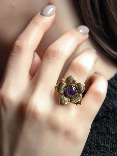 Doğal Taş Ametist Doğal Taşlı Otantik Çiçek Model Kadın Ayarlanabilir Yüzük euy18at ürün görseli