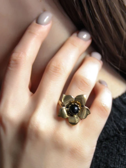 Doğal Taş Oniks Doğal Taşlı Otantik Çiçek Model Kadın Ayarlanabilir Yüzük euy18o ürün görseli