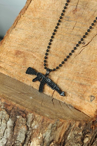 Krom Kaplama Siyah Renk Metal Tüfek Kafası Tasarım Erkek Kolye