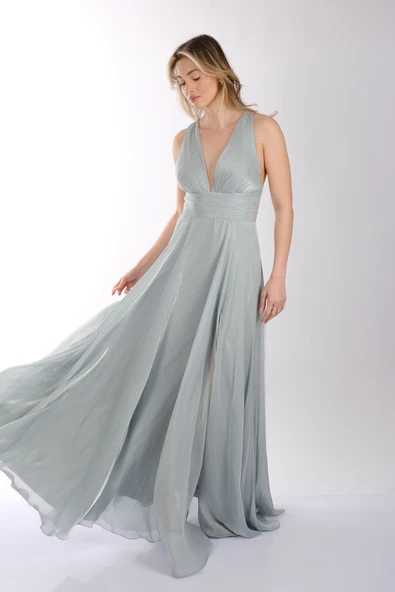 DORİDORCA Göğüs Detaylı Geniş Omuzlu Önden Yırtmaçlı Şifon Abiye Elbise - 7