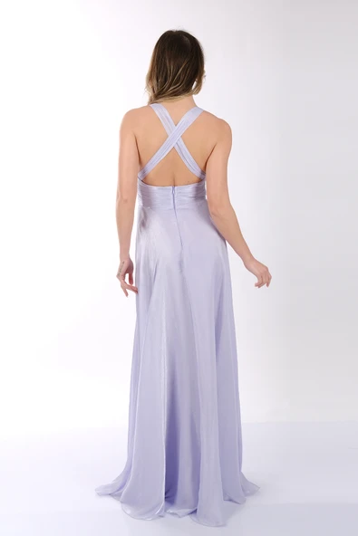 DORİDORCA Göğüs Detaylı Geniş Omuzlu Önden Yırtmaçlı Şifon Abiye Elbise - 12