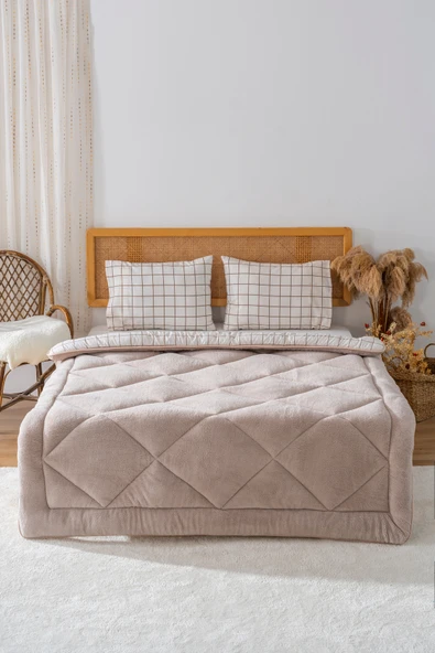 Bej Kareli Çift Kişilik Çift Taraflı Lüx Wellsoft Yorgan Seti 195x215 cm - 2