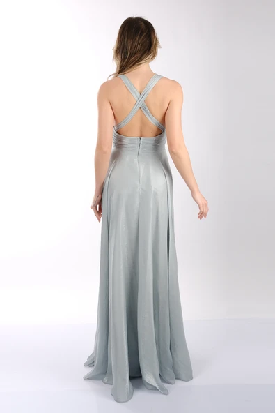 DORİDORCA Göğüs Detaylı Geniş Omuzlu Önden Yırtmaçlı Şifon Abiye Elbise - 11