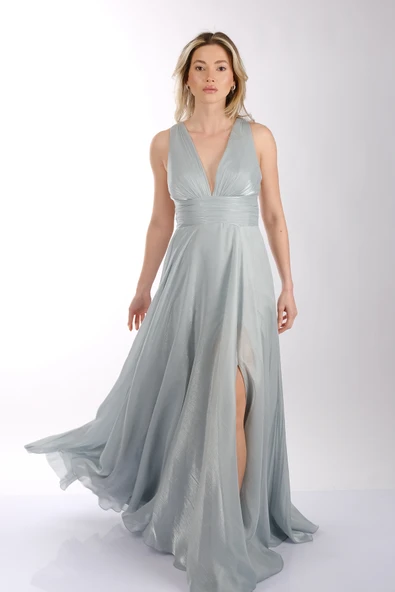 DORİDORCA Göğüs Detaylı Geniş Omuzlu Önden Yırtmaçlı Şifon Abiye Elbise - 9