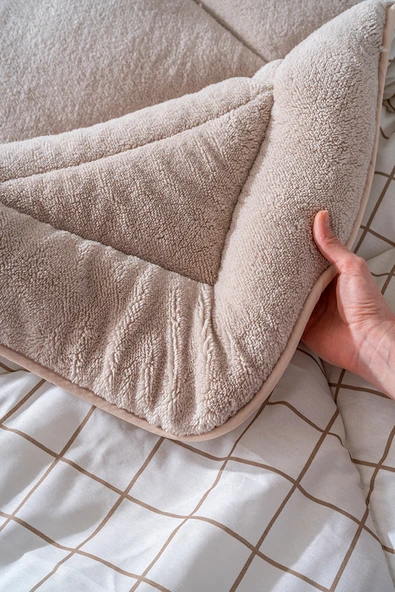 Rivaİstanbul Bej Kareli Çift Kişilik Çift Taraflı Lüx Wellsoft Yorgan Seti 195x215 cm - Resim 5