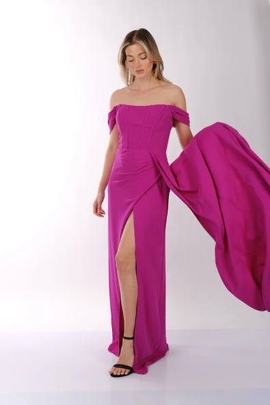 DORİDORCA Düşük Omuz Kayık Yaka Yırtmaçlı Şifon Abiye Elbise - Resim 7