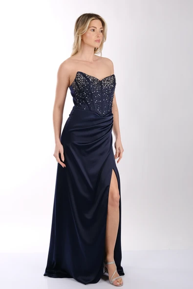 Önden Yırtmaçlı Taşlı Balık Kesim Saten Abiye Elbise Dori 00KB7036 - Resim 4