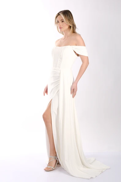 DORİDORCA Düşük Omuz Kayık Yaka Yırtmaçlı Şifon Abiye Elbise - Resim 8