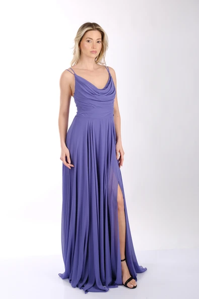 DORİDORCA Askılı Draje Yaka Önden Yırtmaçlı Şifon Abiye Elbise - Resim 6