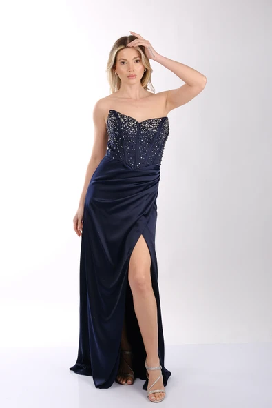 Önden Yırtmaçlı Taşlı Balık Kesim Saten Abiye Elbise Dori 00KB7036 - Resim 3