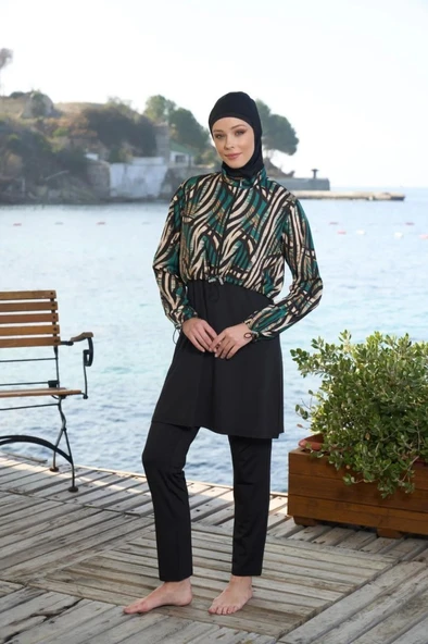 Estiva 25972 Croplu Bel Büzgülü Dijital Desen Tam Kapalı Tesettür Mayo - 2