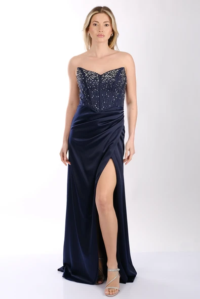 Önden Yırtmaçlı Taşlı Balık Kesim Saten Abiye Elbise Dori 00KB7036 - Resim 2