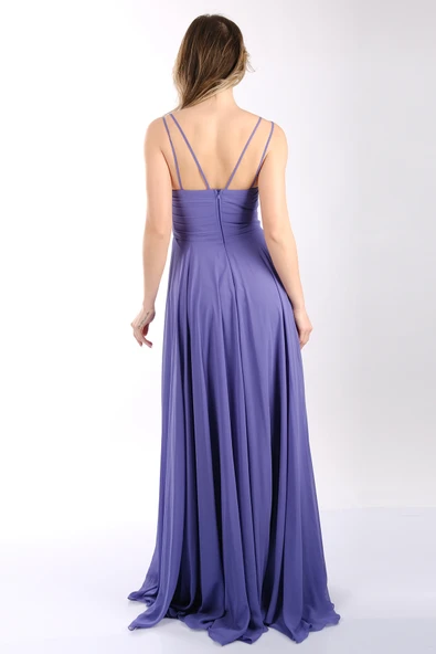 DORİDORCA Askılı Draje Yaka Önden Yırtmaçlı Şifon Abiye Elbise - Resim 12