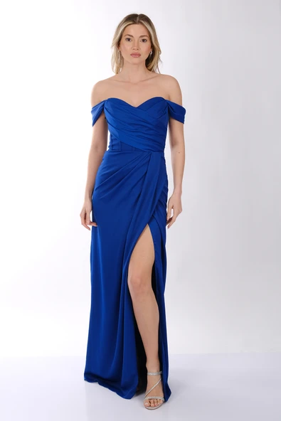 DORİDORCA Düşük Omuz Kayık Yaka Drape Detaylı Saten Abiye Elbise - 3