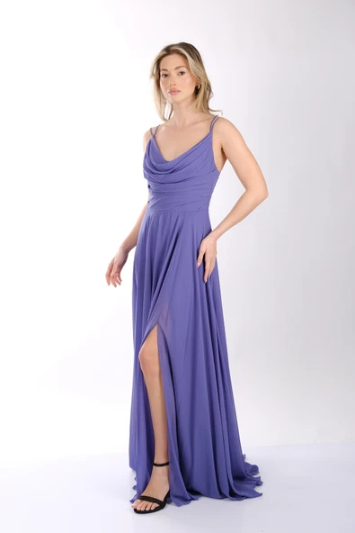 DORİDORCA Askılı Draje Yaka Önden Yırtmaçlı Şifon Abiye Elbise - Resim 8