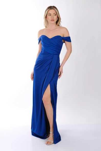 DORİDORCA Düşük Omuz Kayık Yaka Drape Detaylı Saten Abiye Elbise - 6