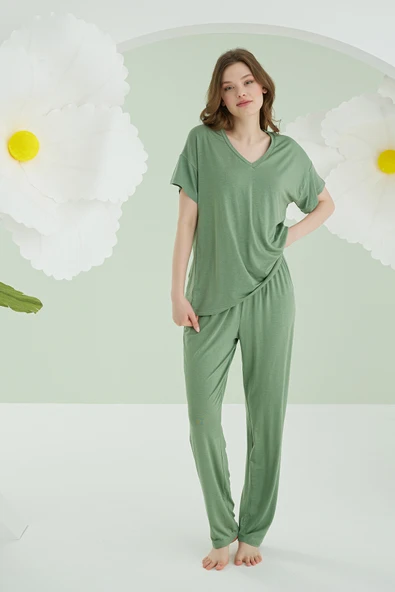 Yeşil Modal V Yaka Pijama Takımı
