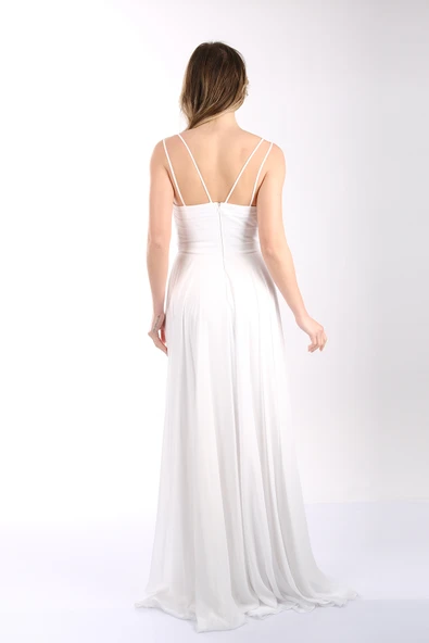 DORİDORCA Askılı Draje Yaka Önden Yırtmaçlı Şifon Abiye Elbise - Resim 11