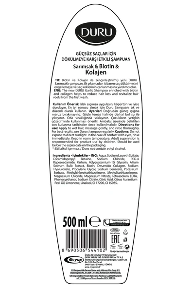 Duru Sarımsak&Biotin&Kolajen Dökülmeye Karşı Etkili Şampuan 3x500 ml - 6