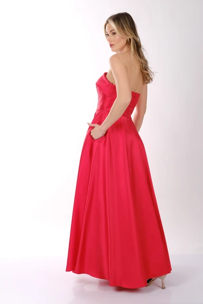 DORİDORCA Kayık Yaka Saten Kiloş Abiye Elbise - 7