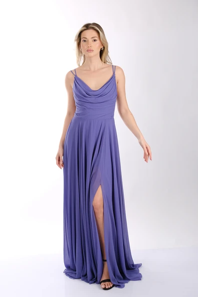 DORİDORCA Askılı Draje Yaka Önden Yırtmaçlı Şifon Abiye Elbise - Resim 3