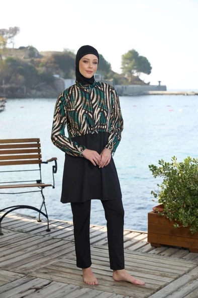 Estiva 25972 Croplu Bel Büzgülü Dijital Desen Tam Kapalı Tesettür Mayo