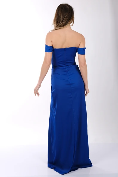 DORİDORCA Düşük Omuz Kayık Yaka Drape Detaylı Saten Abiye Elbise - 12