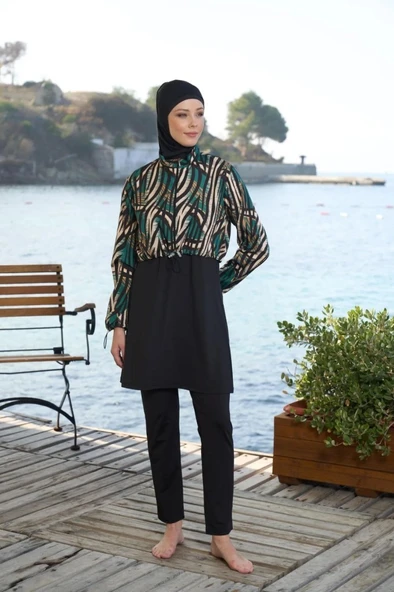 Estiva 25972 Croplu Bel Büzgülü Dijital Desen Tam Kapalı Tesettür Mayo - 5