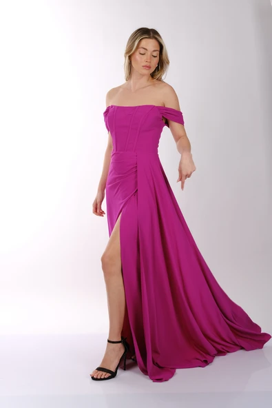 DORİDORCA Düşük Omuz Kayık Yaka Yırtmaçlı Şifon Abiye Elbise - Resim 5